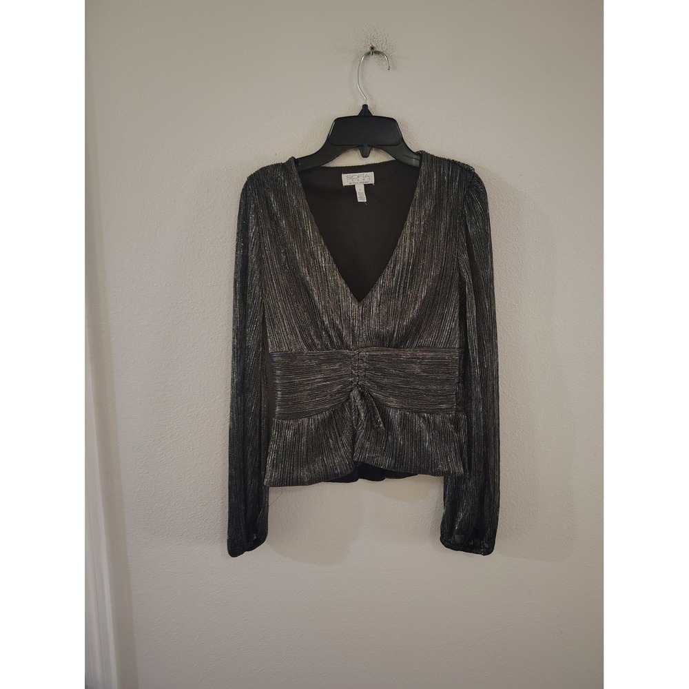 Sofia Jeans by Sofia Vergara Metallic Silver Pleated Peplum V-Neck Blouse Small